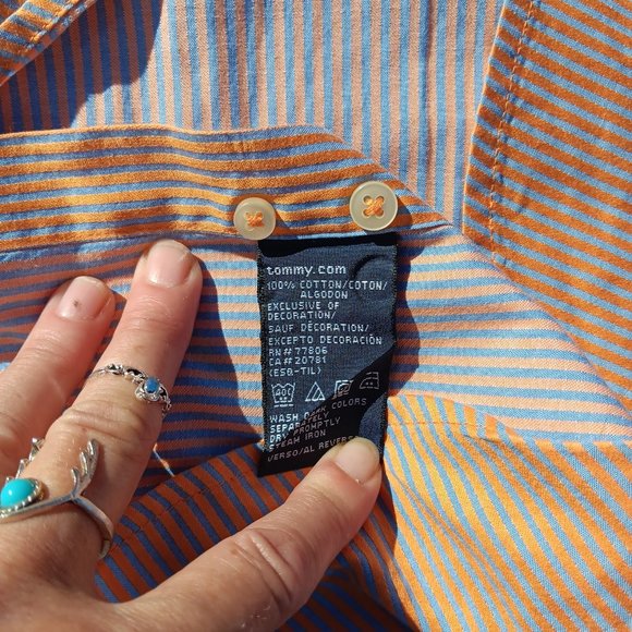 Tommy Hilfiger 80's Two-Ply Cotton Orange/Grey-Blue Striped Button-Down Shirt - Picture 10 of 11